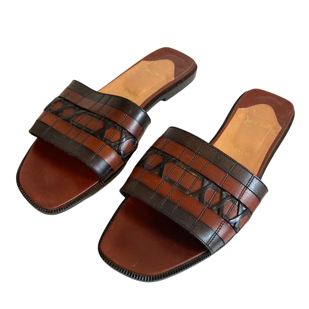 christian louboutin 37.5 square toe woven leather flat slides sandals vintage